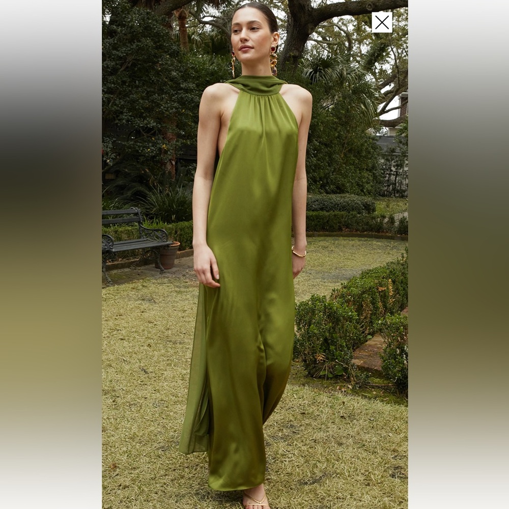 Green Satin Halter Maxi Dress w Neck Scarf